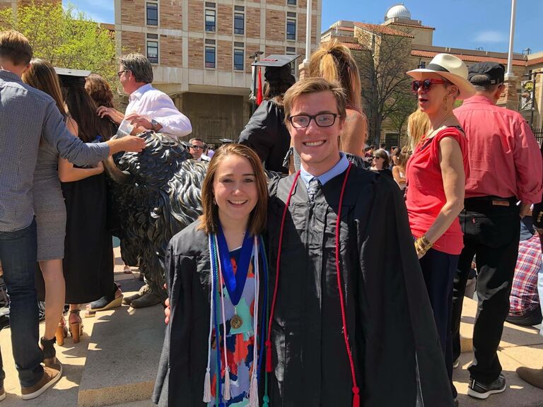 We met during our senior year of college at CU Boulder. Here we are in front of Ralphie after graduating together!