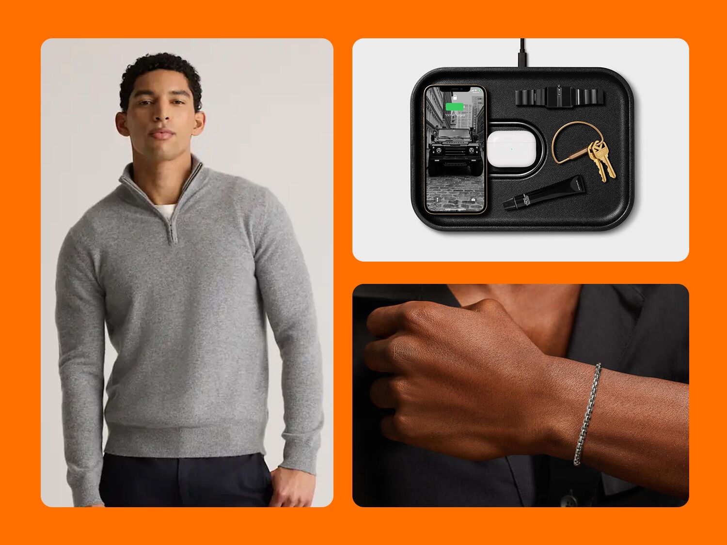 Collage of anniversary gifts for boyfriend: cashmere quarter-zip, wireless charging tray, silver bracelet