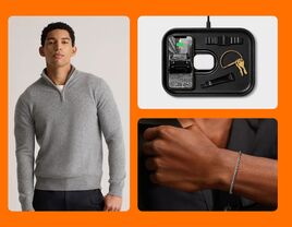 Collage of anniversary gifts for boyfriend: cashmere quarter-zip, wireless charging tray, silver bracelet