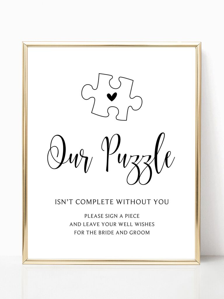 'Our puzzle isn't complete without you' in playful black type below puzzle graphic with heart in center in gold frame