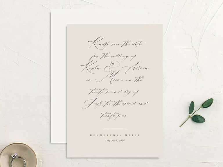 Neutral taupe background with event details in black calligraphy