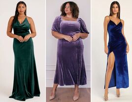 collage of three mismatched jewel-tone bridesmaid dresses