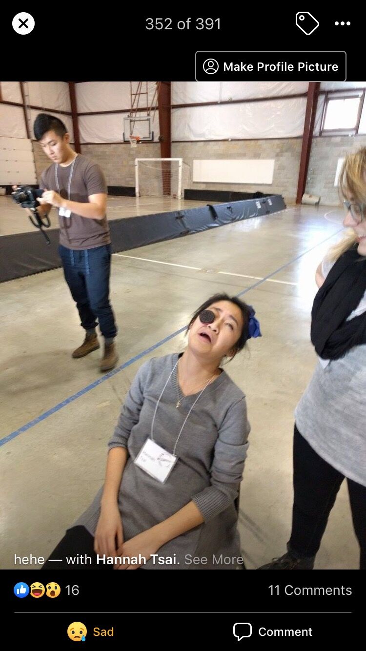 First picture of the two of us: Ziyue is video taping Hannah participating (and winning!) the face cookie  challenge. This is during the annual winter retreat in Ohio. 