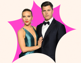 Scarlett johansson and colin jost on top of pink graphic and light pink background