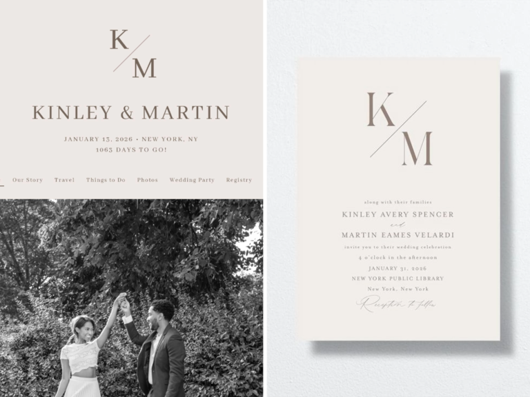 modern minimalist monogram wedding website with matching invitations