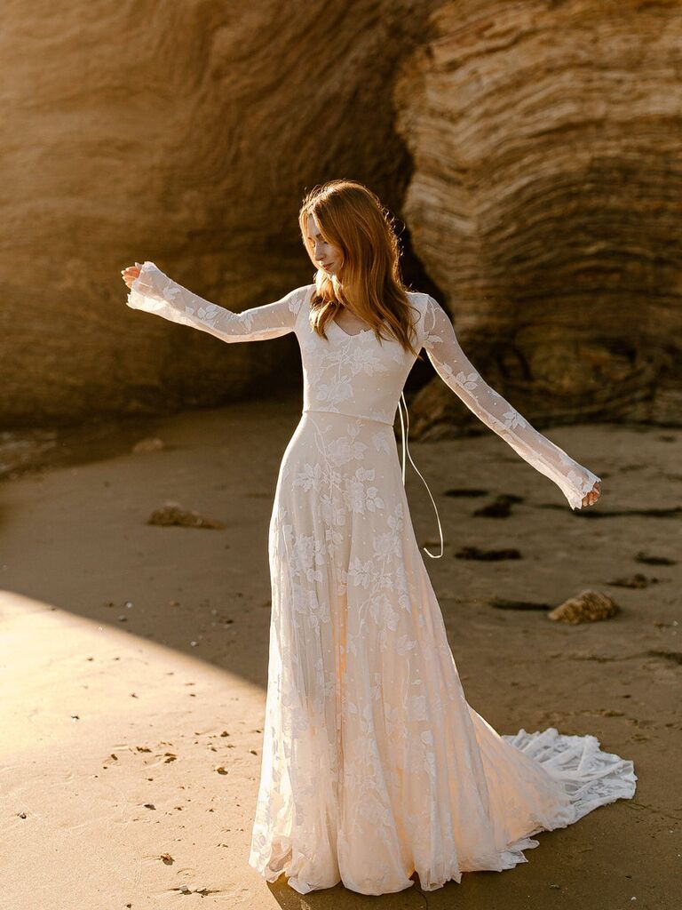 Lace Illusion Boho Bridal Gowns for Women with Train Beach Wedding