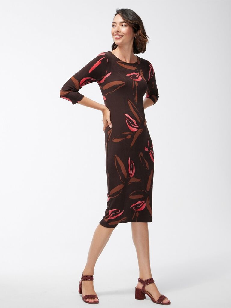 A brown and pink petal print knee-length dress with long sleeves from Chico's
