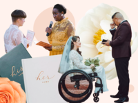 Collage of couples exchanging emotional vows with flowers and books