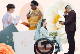 Collage of couples exchanging emotional vows with flowers and books