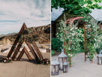 Two wooden wedding arches with floral accents