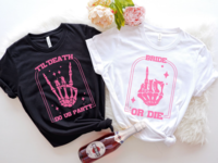 Black and white 'bride or die' and 'til death do us party' halloween bachelorette party t-shirts