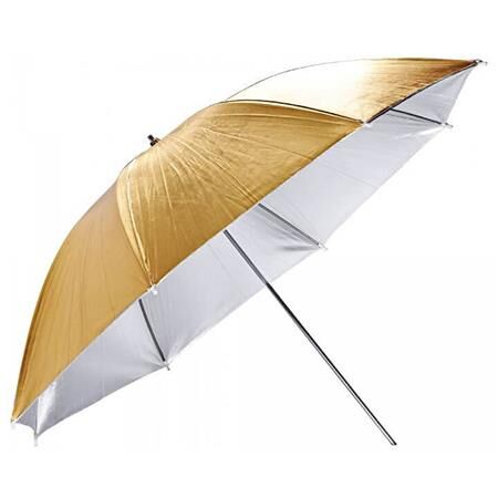 Gold umbrella with a modern reflective finish. 