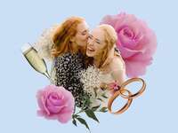 Two sisters surrounded by roses, rings, flowers and a glass of champagne