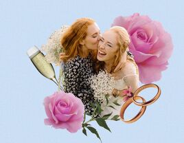 Two sisters surrounded by roses, rings, flowers and a glass of champagne