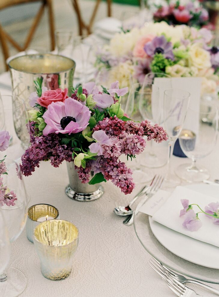 Low Blush Centerpieces In Silver Vases