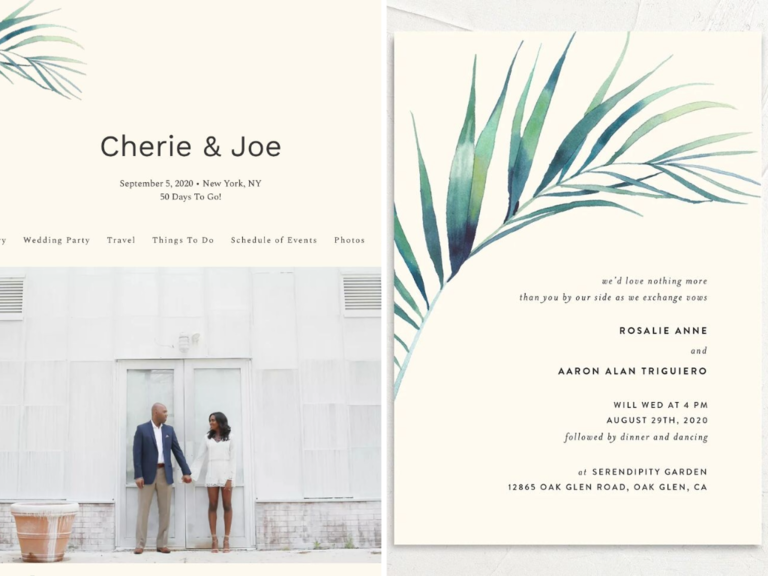 beach wedding website with matching invitations decorated with watercolor palm leaf