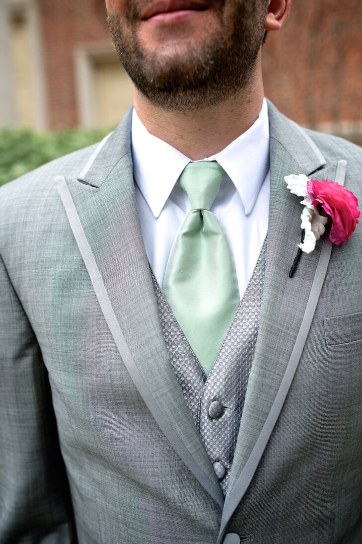 Gray Wedding Suit With Mint Tie and Fuchsia Boutonniere