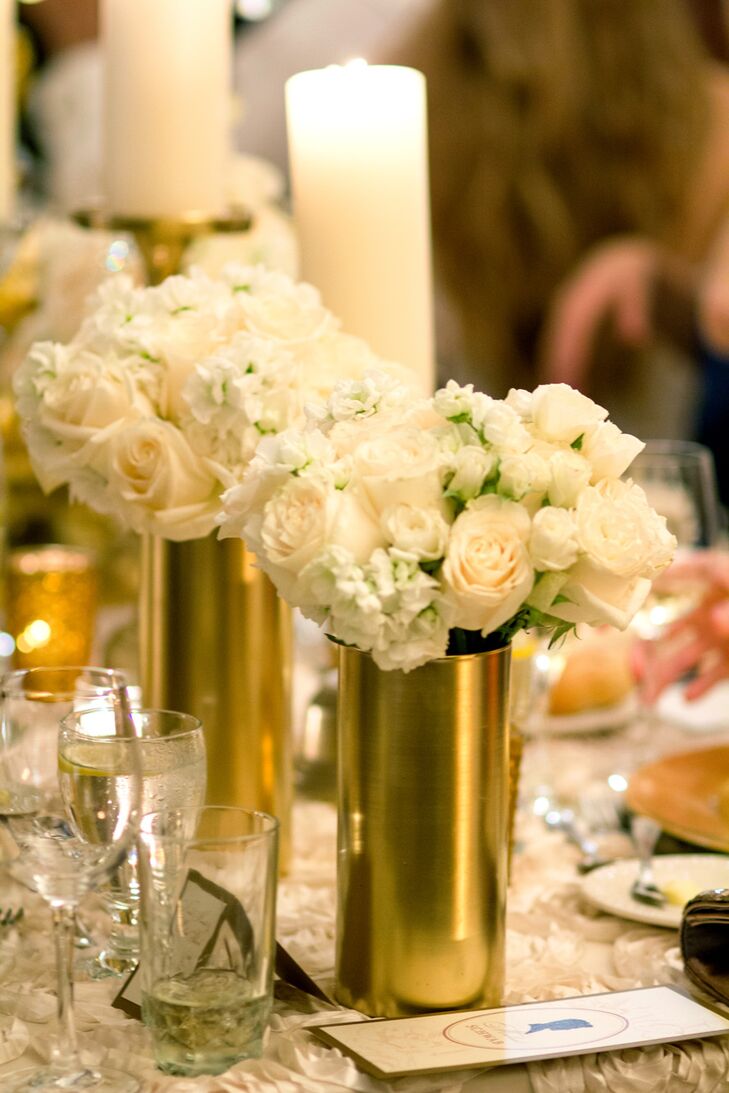 white rose and hydrangea centerpieces in gold vases photo context= gold color wedding flower arrangements photos&page=20