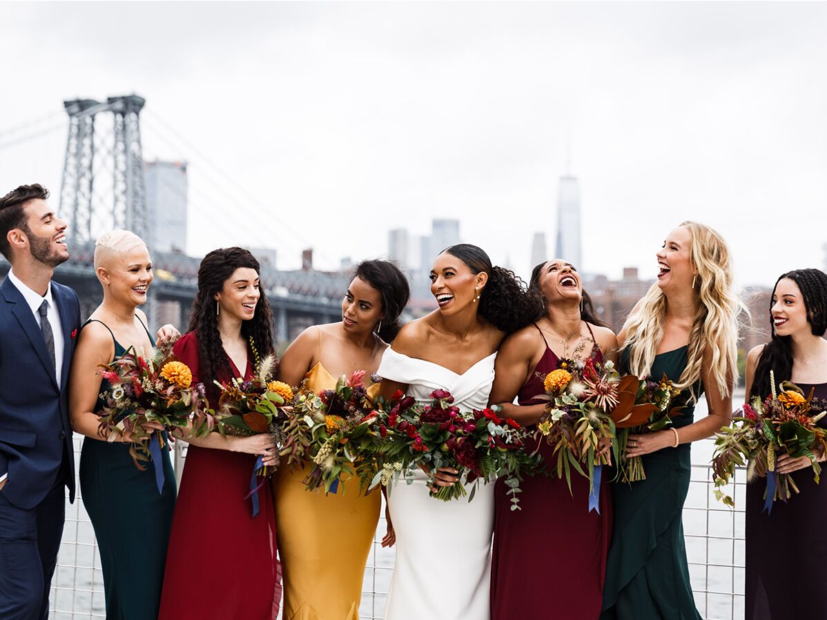 Bridesmaids wearing fall colors