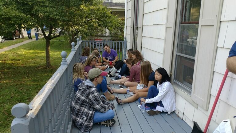 We first met at an Honors House event at Alfred University, in our freshman year of college, and started talking on the porch. This was a picture of the first time we met!