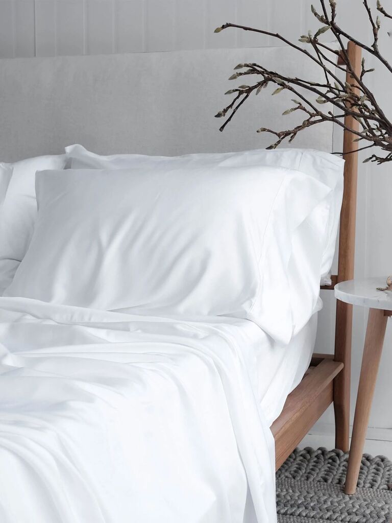 Crisp white silk bed sheets bridal shower gift