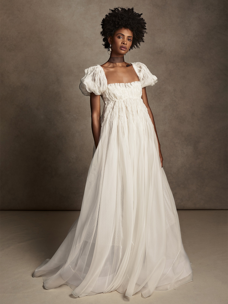 Organza gown with puff sleeves and straight across neckline