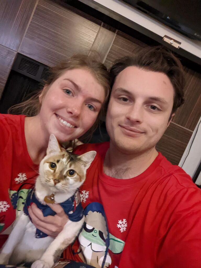 Sam and Tyler getting in the Christmas spirit after moving into their apartment in Austin.