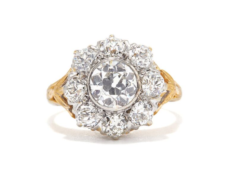 ashley zhang jewelry two tone metal flower engagement ring with round diamond platinum round diamond halo and plain yellow band