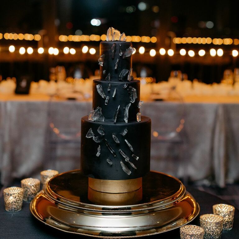 Three-tier modern black wedding cake with sugar shard decorations