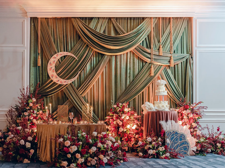 Belle-epoque inspired draping, taylor swift themed wedding 