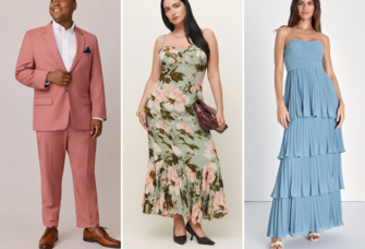 Collage of three spring wedding guest outfits