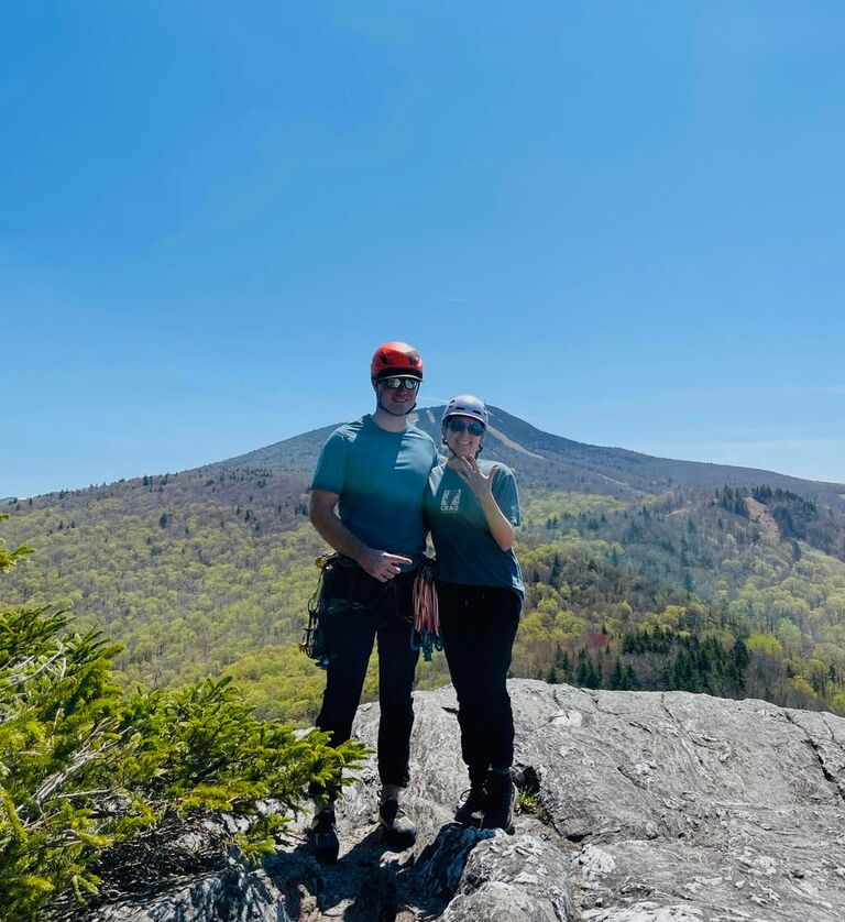 Got engaged on top of the same mountain we love to rock climb on–with a beautiful view of Pico Mountain across the way. It has been an endless adventure together so far!