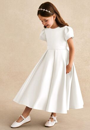 If you are looking for the perfect flower girl dress, look no further. Princess is the style for you. She combines short sleeves, an adorable back bow, and a tea-length pleated skirt.