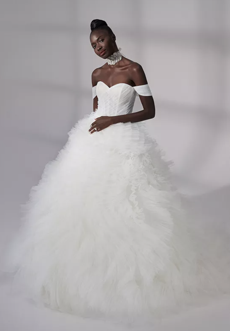Off-the-shoulder ballgown with layers of pleated tulle skirt