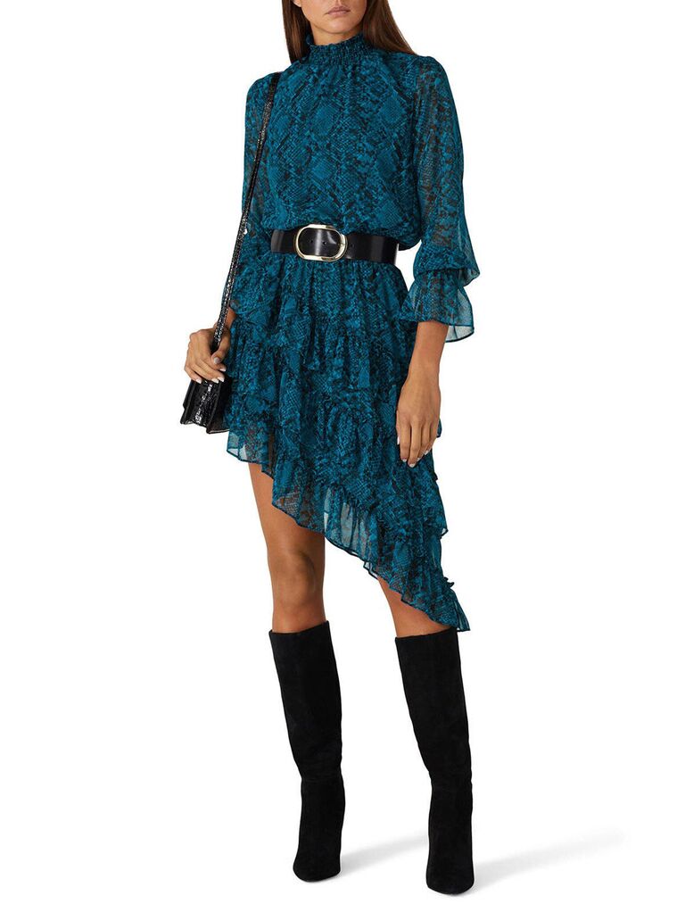 rent the runway blue and black dress with allover snakeskin print halter neckline ruffle trimmed mid length sleeves and high low ruffle tiered skirt for what to wear to a halloween wedding