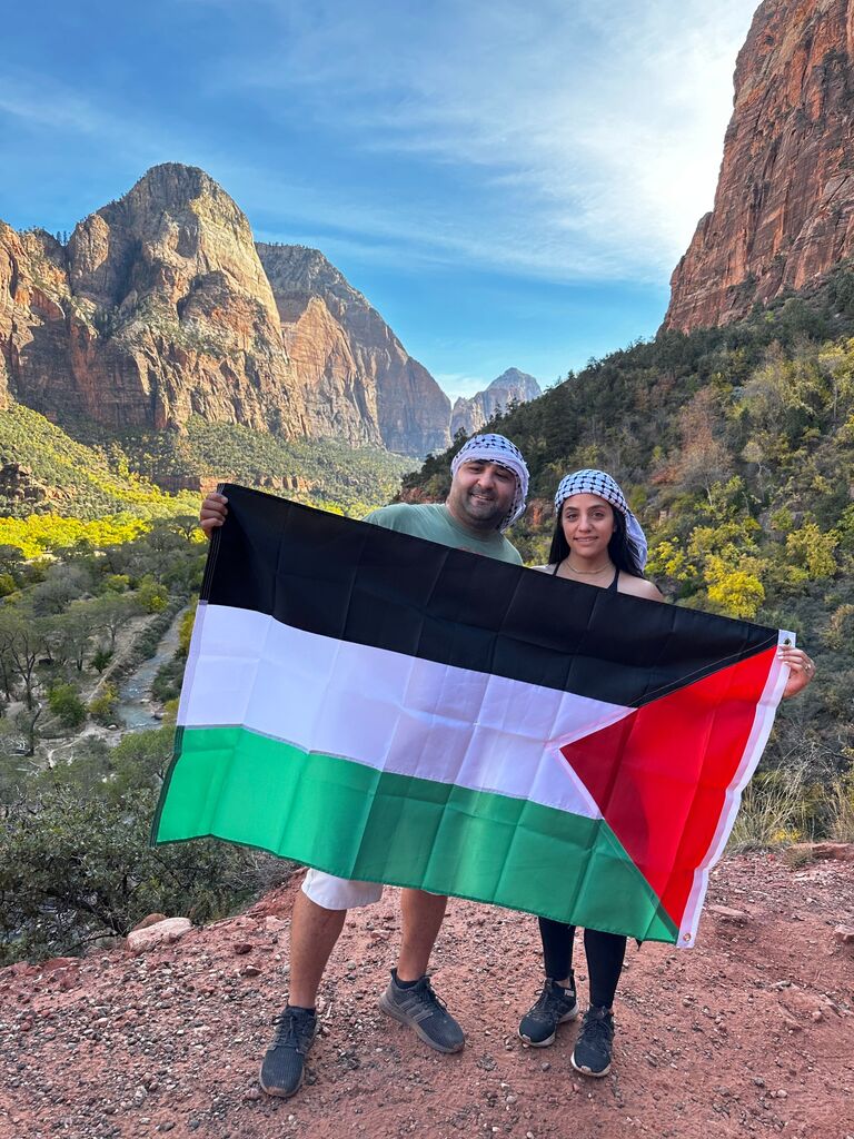 Celebrating our Engagement Anniversary in Zion National Park. Representing our Palestinian Heritage.