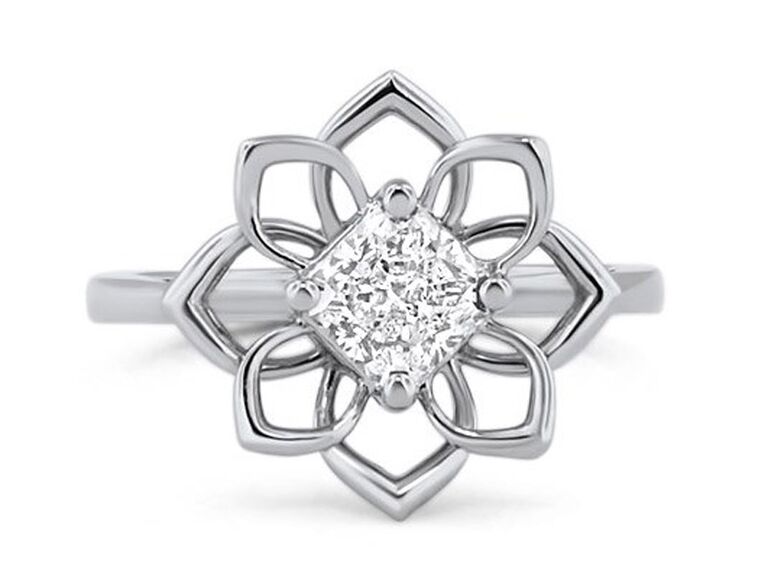 brilliant earth flower engagement ring with square diamond white gold petals and plain white gold band