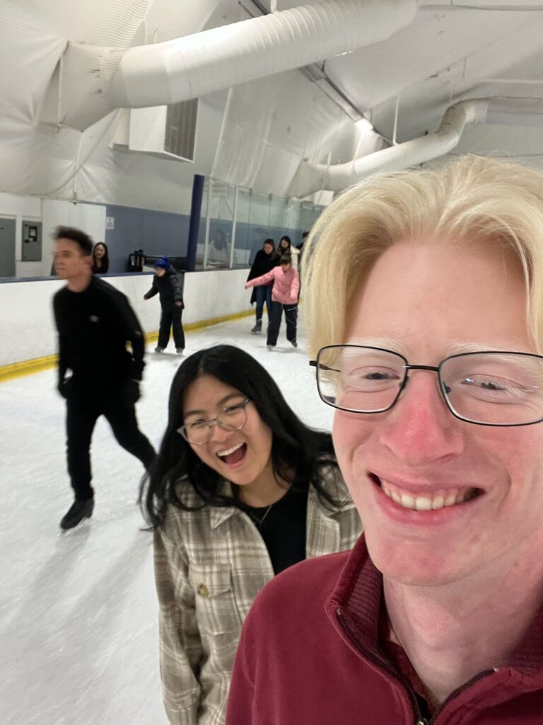 We skate on the ice.