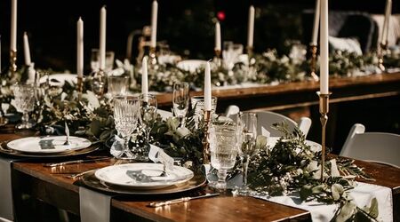 Neutral Boho Banquet Tables with Gold Details and Eucalyptus, Four Oaks  Manor, North Georgi…