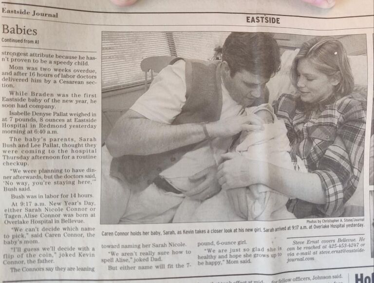 Sarah Jane Connor was the third baby born in Seattle in 1999. Here's the newspaper article to prove it!