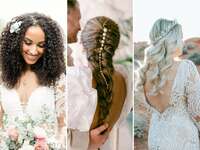 Collage of wedding hairstyles for long hair. 