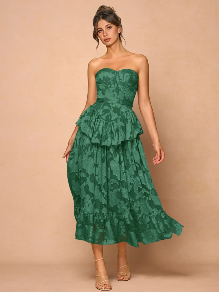 Azazie corseted peplum cocktail wedding guest midi dress
