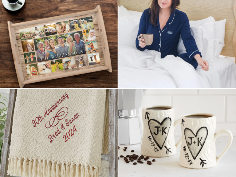 Collage of 4 personalized anniversary gifts, including mugs, coffee tray, pajamas, and blanket
