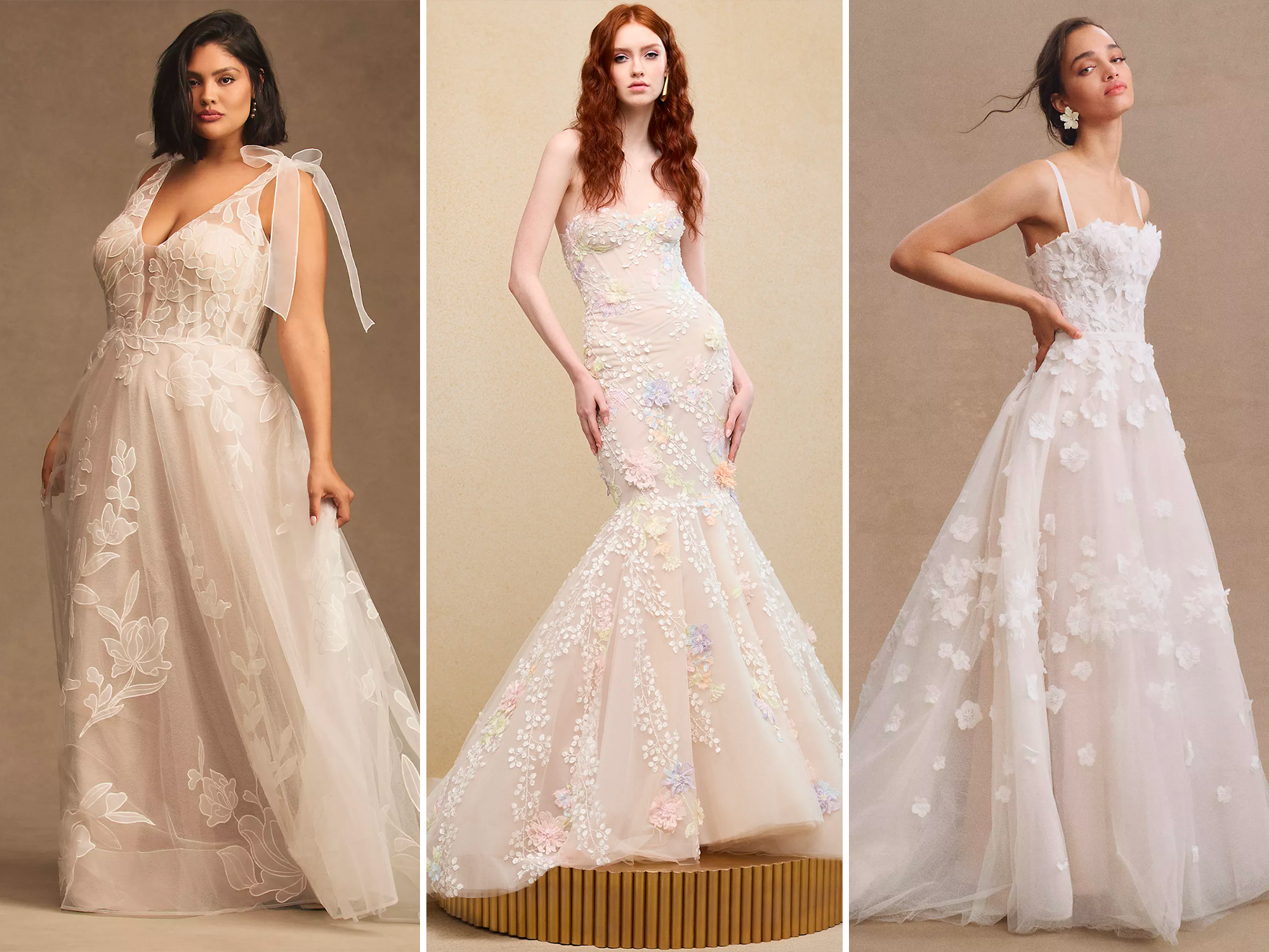 Collage of three garden party wedding dress ideas