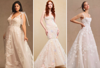 Collage of three garden party wedding dress ideas