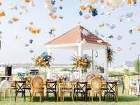 Eclectic outdoor wedding decor with stunning views