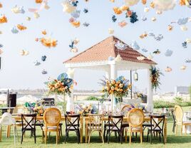 Eclectic outdoor wedding decor with stunning views