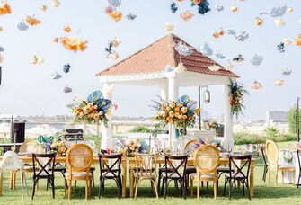 Eclectic outdoor wedding decor with stunning views