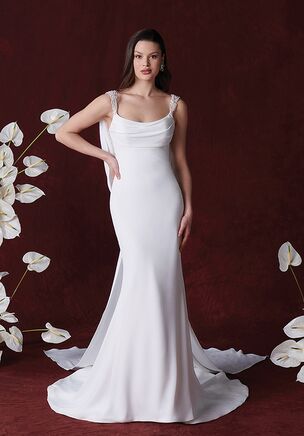 Crepe Fit and Flare Gown with Beaded Back and Detachable Cowl