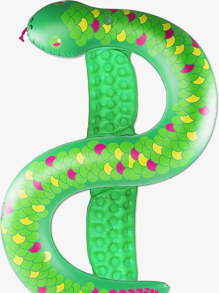 Green snake-shaped pool float. 